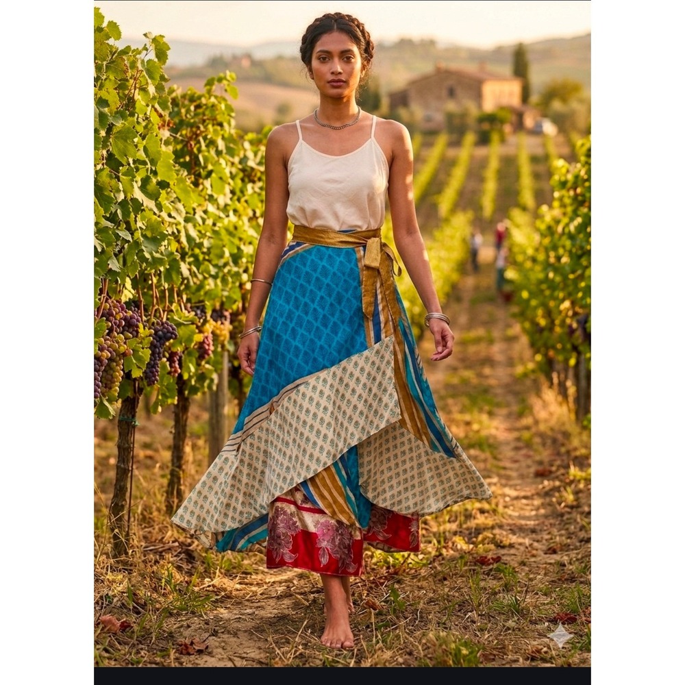Darn Good Yarn Multicolor Sari Silk Wrap Skirt XL Boho Reversible Maxi Flowy